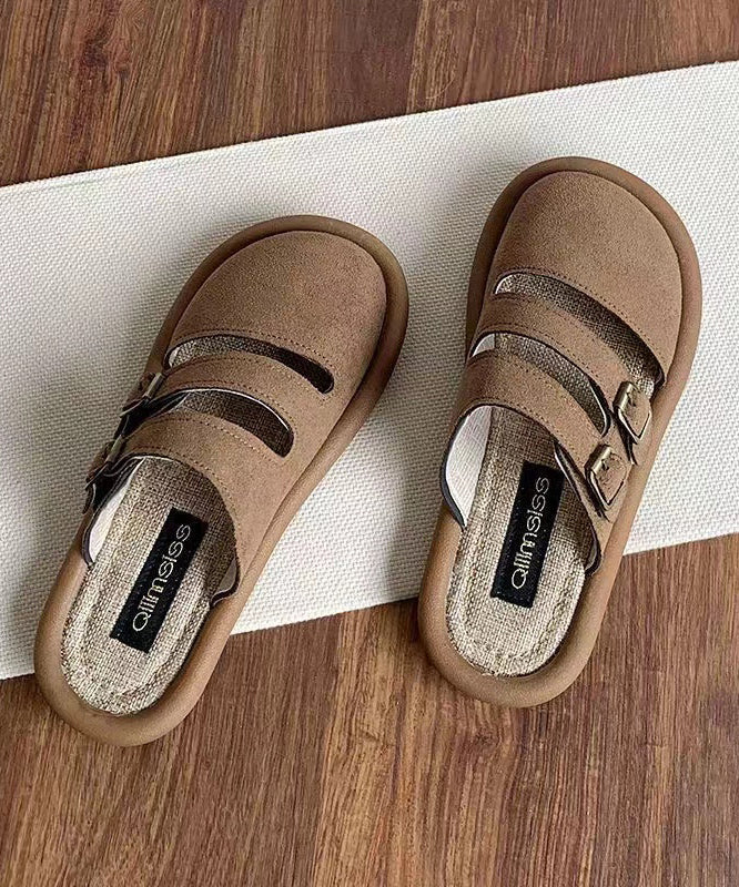 Handmade Comfy Hollow Out Beige Suede Slide Sandals Oi049