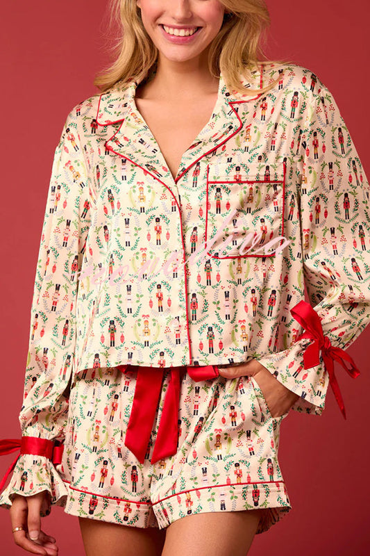 Christmas Print Lace-up Cuff Top and Elastic Waistband Pocket Shorts Set