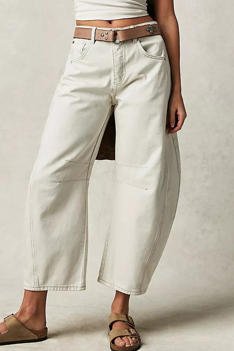 Pocket Without Belt Mid Waist Loose Denim Jeans(no Belt)