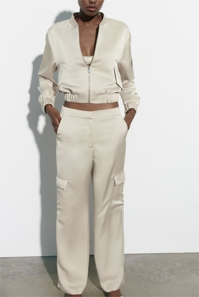 Summer Clothing Stand Collar Long Sleeve Bomber Jacket Working Pants Set – Stylish Outfit for