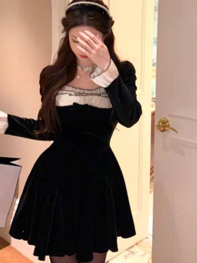 Velvet Mini Dress Princess A-line Birthday Party Vestidos Patchwork Slim Y2k Lace Up Autumn Spring Dresses
