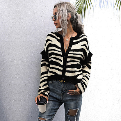 Autumn Idle Zebra Pattern Cardigan Knitted Sweater Short Coat