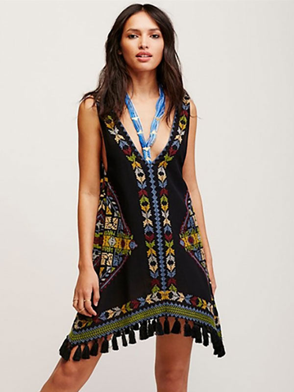 Dress Embroidered Pink V-neck Sleeveless Gypsy Beach Vacation Summer Short Tank Dress for