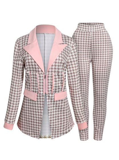 5xl Houndstooth Blazer Pants Set Two-piece Office Lady Outfits Spring