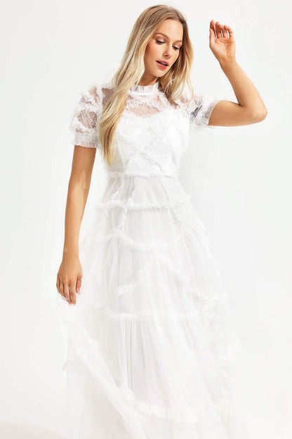 Round Collar Short Sleeve Mesh Ruffle Hem Midi Dress