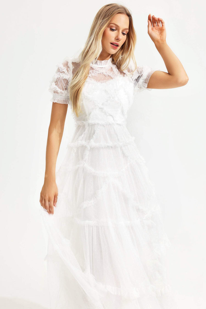 Round Collar Short Sleeve Mesh Ruffle Hem Midi Dress