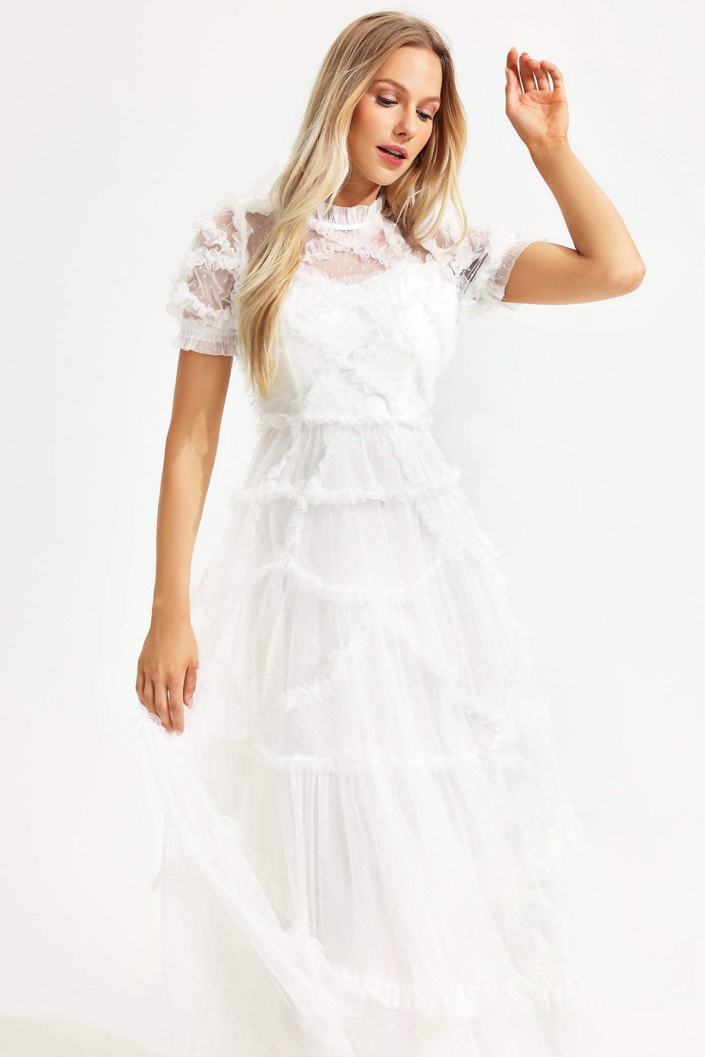 Round Collar Short Sleeve Mesh Ruffle Hem Midi Dress