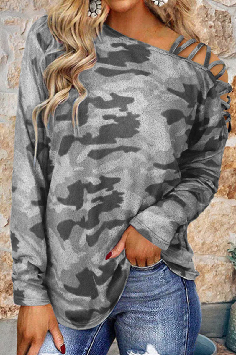 Camouflage Print Patchwork Oblique Collar T-shirts(4 Colors)