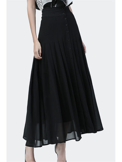 Mid-length Skirt All-match High-waist Button Slit Mesh Long Gauze Skirts for Summer Pleated Skirts Black