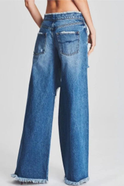 Ripped Patchwork Mid Waist Regular Denim Jeans (subject to the Actual Object)