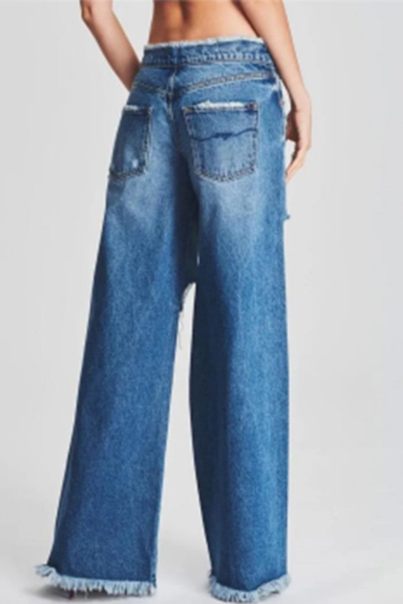 Ripped Patchwork Mid Waist Regular Denim Jeans (subject to the Actual Object)
