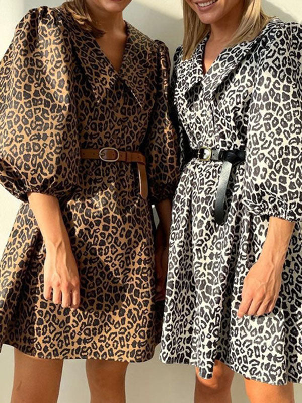 A-line Half Sleeves Buttoned Elasticity Leopard No Belt Zipper Lapel Mini Dresses