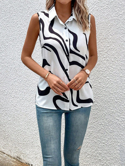 Loose Sleeveless Buttoned Printed Lapel Blouses&shirts Tops