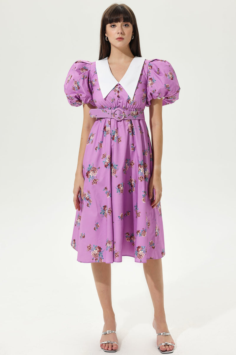 Puff Sleeves V-neck Tapered Waist Midi Dress