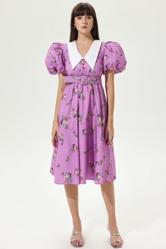 Puff Sleeves V-neck Tapered Waist Midi Dress