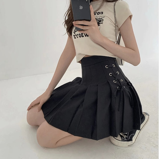 White Lace Up Pleated Skirts Summer Clothing Zipper Dancing Jk Mini Skirts Black Student A-line Skirt