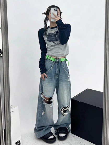 Y2k Patchwork Green Tshirts Hippie Long Sleeve T Shirts Female Kpop Retro Autumn Crop Tops