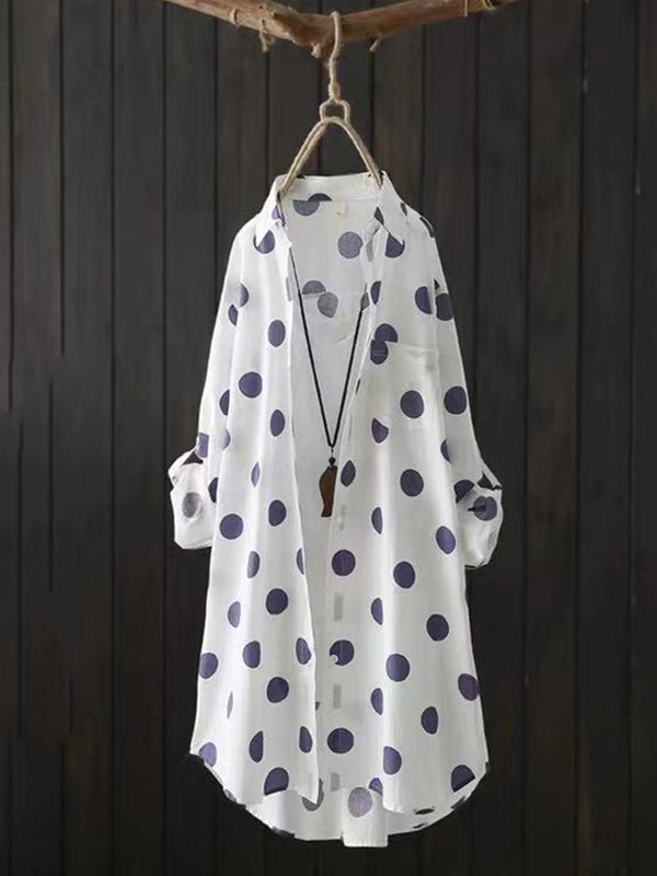 High-low Long Sleeves Polka-dot Lapel Shirts Tops