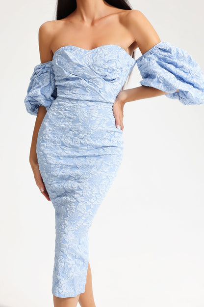 Puff Sleeve Slim Midi Dress Blue