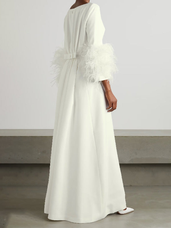 Simple Black and White Feather Long Sleeve Party Dress