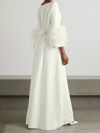 Simple Black and White Feather Long Sleeve Party Dress