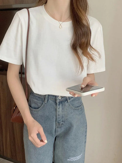 ’s T-shirt Korean Loose O-neck Basic Tops Female Spring White Black Tee Shirts
