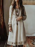 Vintage Floral Embroidered Linen Blend Midi Dress artswardrobe