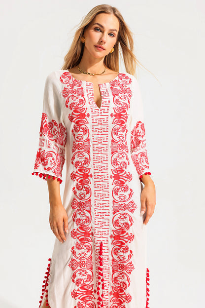 V-neck Embroidered Slip Midi Dress