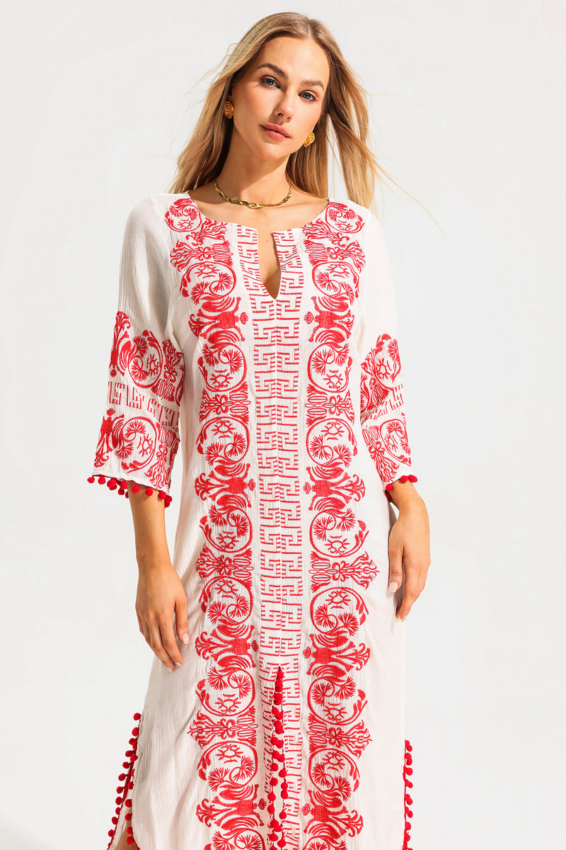 V-neck Embroidered Slip Midi Dress