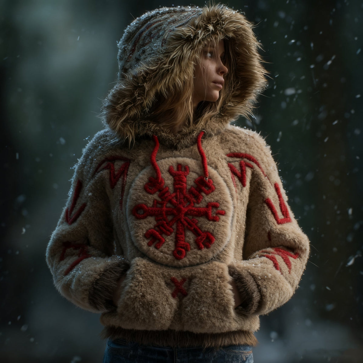 Comstylish Women's Vintage Viking Celtic Knot Vegvisir Rune Plush Hoodie