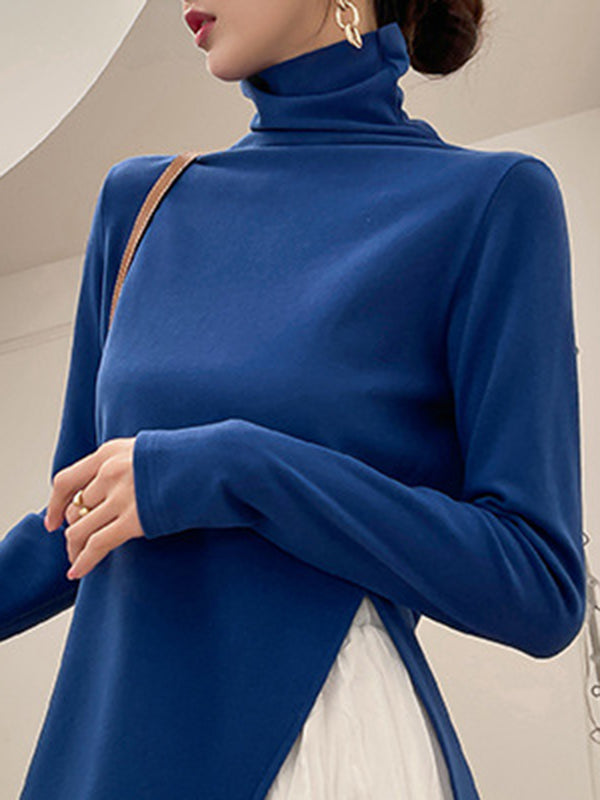 Skinny Long Sleeves Split-side Color High-neck T-shirts Tops