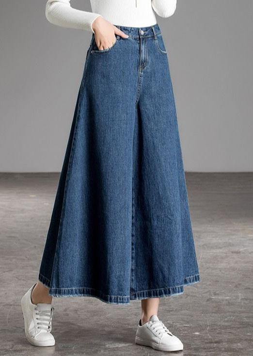 Blue High Waist Pockets Wide Leg Fall Denim Pants
