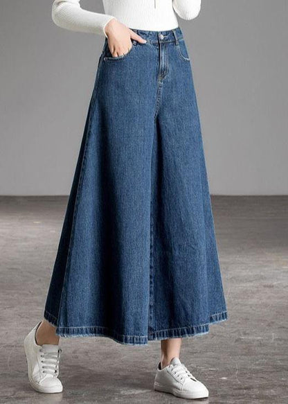 Blue High Waist Pockets Wide Leg Fall Denim Pants