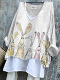 Watercolor Bunny Print Linen Blend Casual Shirt artswardrobe
