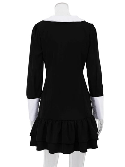 Taruxy High Waist ’s Evening Dress Retro Splice Long Sleeve Turn Collar Folds Mini Dress Woman Party Wedding Dresses