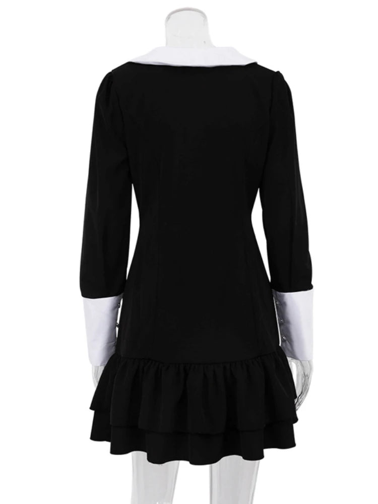 Taruxy High Waist ’s Evening Dress Retro Splice Long Sleeve Turn Collar Folds Mini Dress Woman Party Wedding Dresses