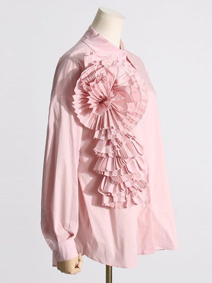 Long Sleeves Loose Asymmetric Buttoned Pleated Color Split-joint Three-dimensional Flower Lapel Blouses&shirts Tops