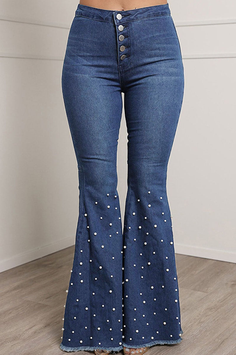 Street Patchwork Beading High Waist Boot Cut Denim Jeans