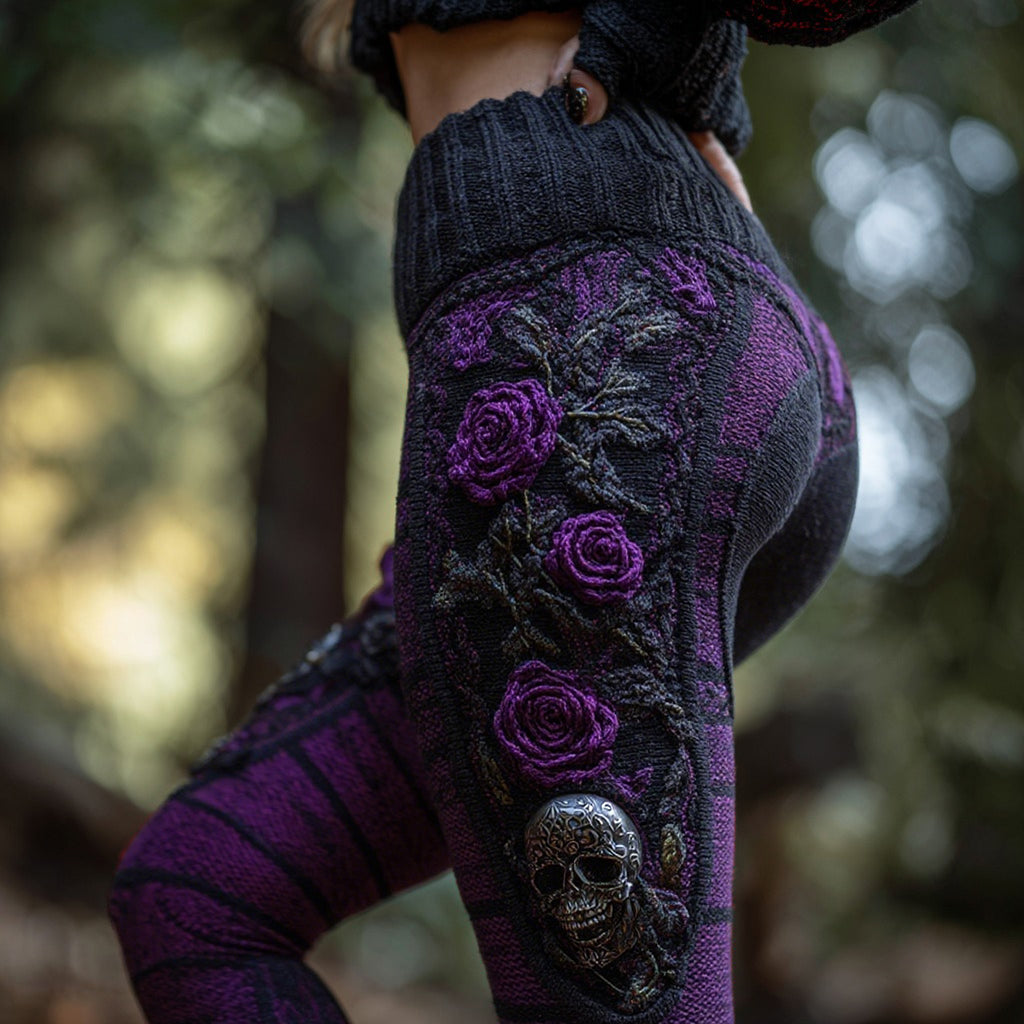 Women's Vintage Sugar Skull And Rose Pattern Comfortable Leggings artswardrobe