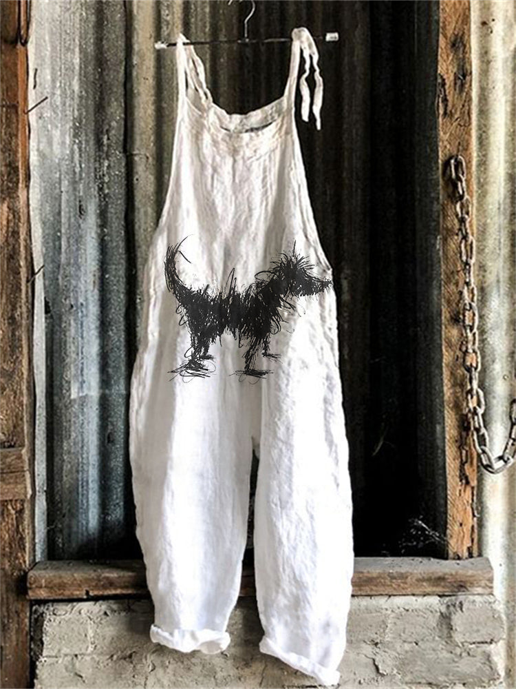 Comstylish Fuzzy Dog Abstract Art Linen Blend Jumpsuit
