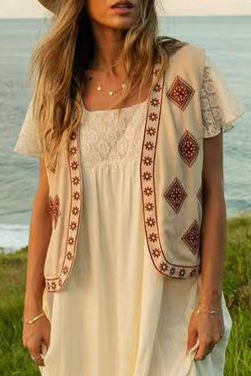 Colorblock Patchwork Embroidery Cardigan Collar Tops