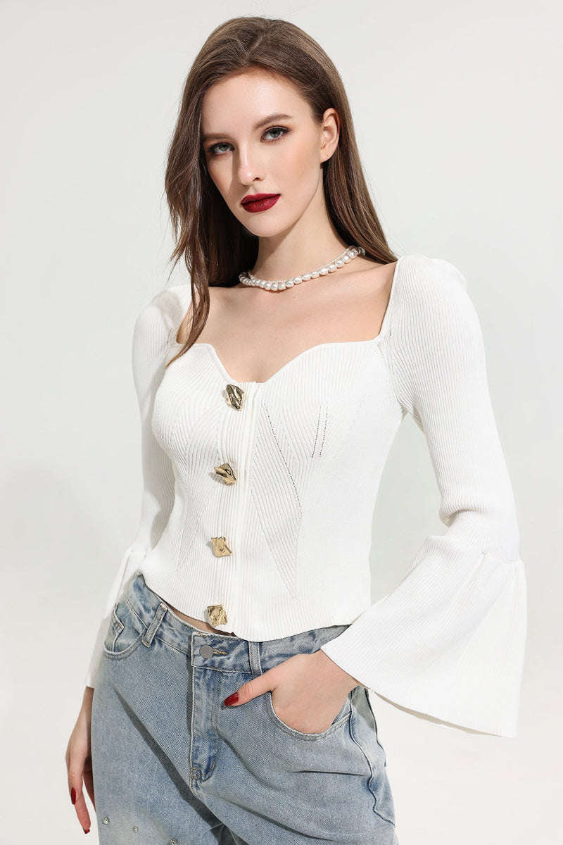 Woolen Knit Sweetheart Neck Long Sleeve Top White