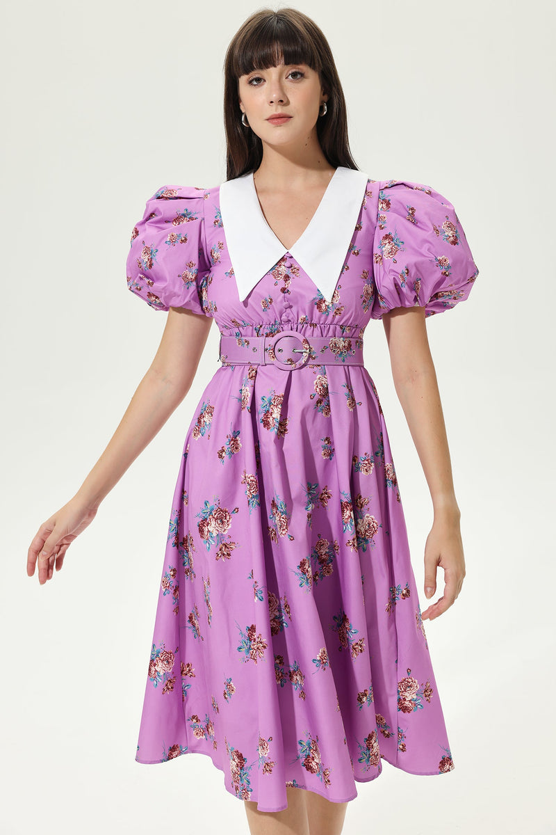 Puff Sleeves V-neck Tapered Waist Midi Dress