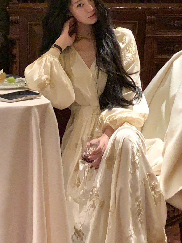 Printed Midi Dress Lantern Sleeve V-neck Autumn French Female Evening Party Prom Robe Vestidos Mujer New