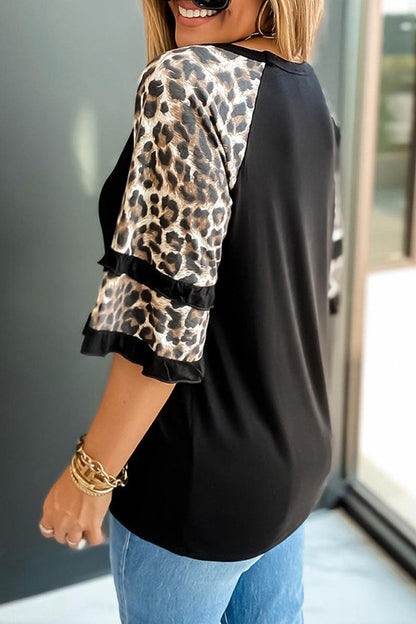 Print Leopard Patchwork O Neck T-shirts(5 Colors)
