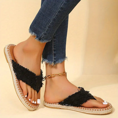 Canvas Flat Flip Flops, Soldi Color Open Toe Non Slip Slides Shoes, Outdoor Versatile Slippers Se1038