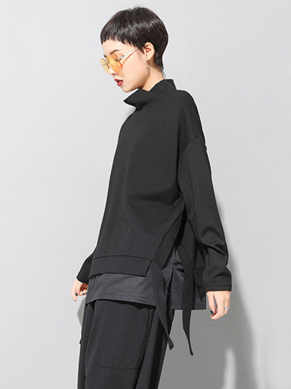 Black False-two Split-joint High-neck Sweatshirt T-shirt
