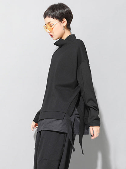 Black False-two Split-joint High-neck Sweatshirt T-shirt