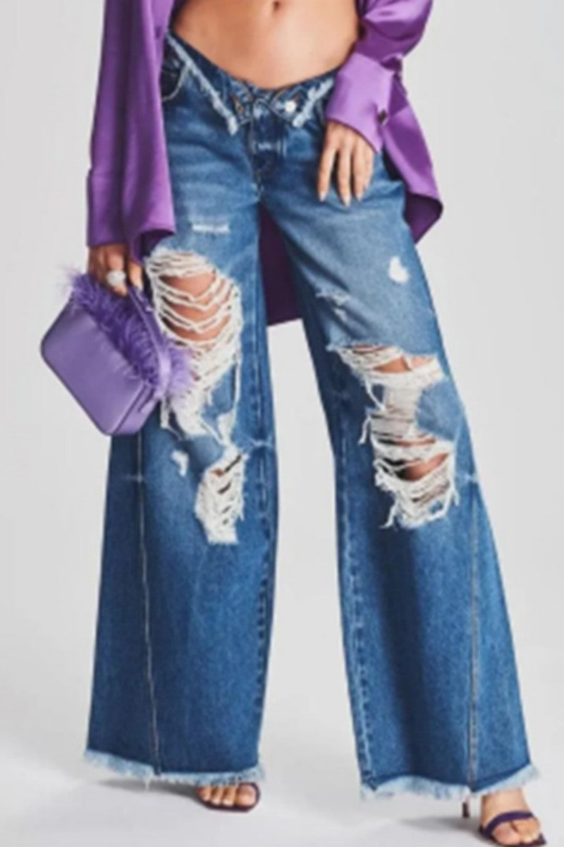 Ripped Patchwork Mid Waist Regular Denim Jeans (subject to the Actual Object)(5 Colors)