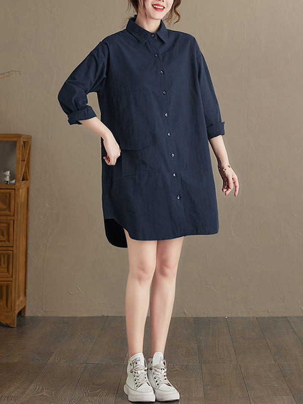 Simple Buttoned Lapel Collar Long Sleeves Blouse